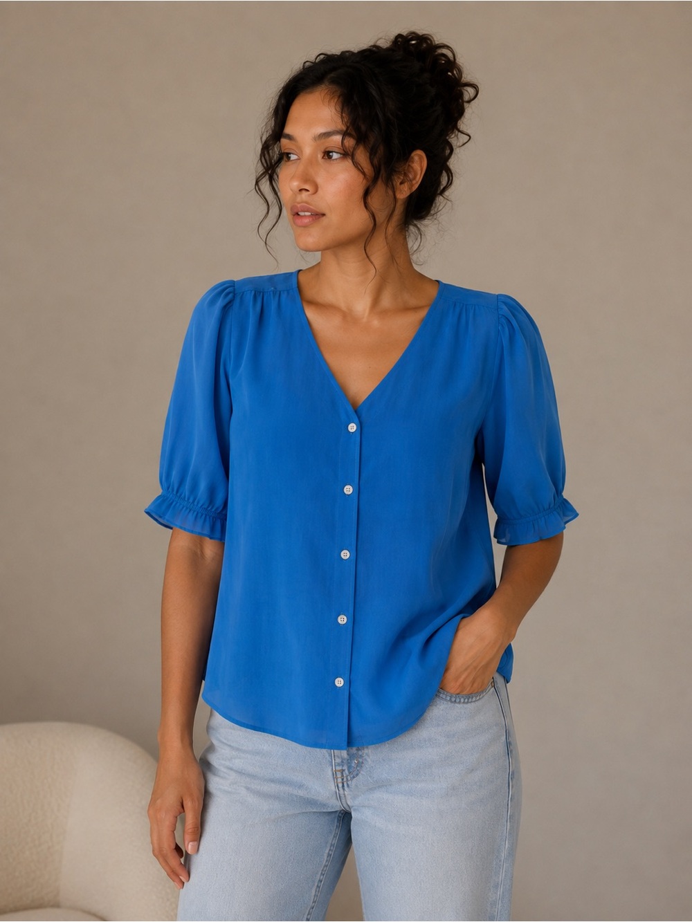 J.Crew Cobalt Blue Sheer Button Front Flutter Sleeve Blouse Size Large NWT
